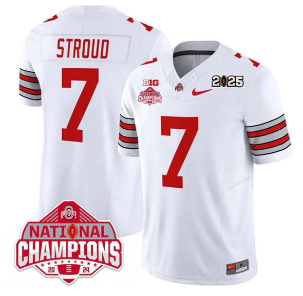 Men's Ohio State Buckeyes #7 C.J. Stroud White 2025 CFP Final With National Champions Patch F.U.S.E. Vapor Limited Stitched Football Jersey Men's Ohio State Buckeyes #7 C.J. Stroud White 2025 CFP Final With National Champions Patch F.U.S.E. Vapor Limited Stitched Football Jersey